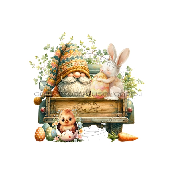 Adorable Gnome & Ivy Vine Filled Rustic Truck-Wild Rabbit PNG - Gnome PNG -Wildflower Garden Clipart for Sublimation-Easy Digital Download