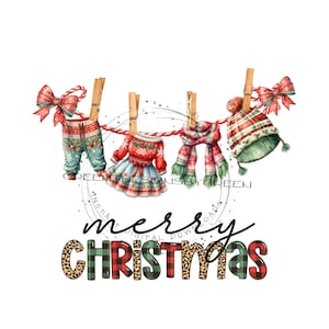 物干しロープに掛けられたホリデー ウェアの昇華 PNG - セーター、帽子、スカーフ、ドレス - 「メリー クリスマス」醜いセーターのクリップアート - デジタル ダウンロード