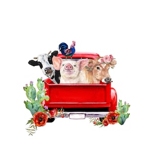 Sublimation d'animaux de ferme rustique PNG - camion vintage rouge avec poulet, vache et cochon - toboggan aquatique sud-ouest - téléchargement numérique