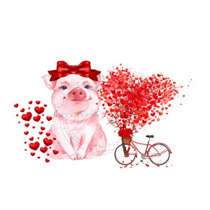 Valentijnsdag varken PNG, landbouwhuisdieren sublimatieontwerp, rood hart PNG, liefde clipart, rode bloemen, hi res png digitale download