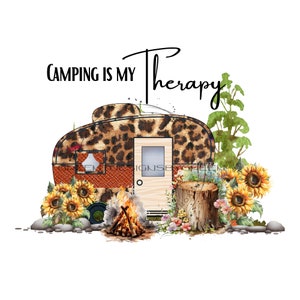 Camping Is Therapy PNG - Camper vintage, estampa de leopardo, girassóis, fogueira, cena de acampamento - arquivo de sublimação - download digital