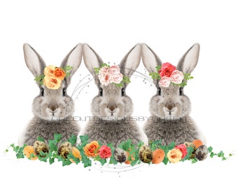 Osterhase Kaninchen, PNG mit Efeu und Blumen, Bunny Sublimation Design Download, Kaninchen PNG, Ostern Clipart PNG, Sublimation, Wasserschiebefolie