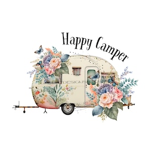 Vintage Camper PNG for Sublimation,  " Happy Camper" Wildflower Sublimation PNG - Digital Download.