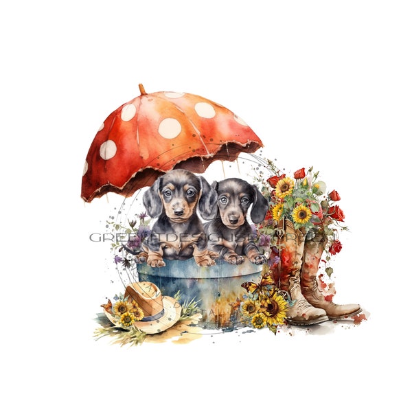 Dog PNG for Sublimation, Features Cowboy Boots and Hat, Both adorned with Sunflowers & Red Roses. Red and White Umbrella creates a Backdrop.