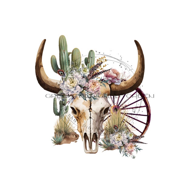 BoHo Desert Cow Skull Clipart - Rustic Wagon Wheel, Saguaro Cactus, Floral Accents - Sublimation PNG & Printable JPG - Instant Download