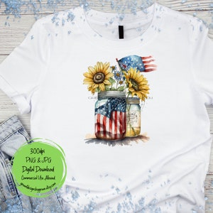 May include: Watercolor painting of two mason jars with sunflowers and a small American flag. The jars are decorated with an American flag design.