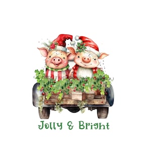 Jolly Christmas Pigs in Truck Sublimation PNG - 'Jolly & Bright' - Houx, Vines, Santa Hat - Whimsical Rustic Design - Téléchargement numérique