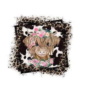 May include: A watercolour illustration of a Highland cow with a floral crown and a floral necklace. The cow is set against a black and white cowhide pattern with a leopard print border.