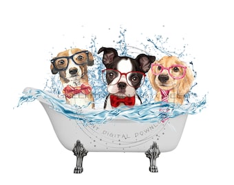 Bathtub PNG, dogs in bathtub clipart, dog sublimation, bathroom clipart, puppy dog sublimation, dog wearing neck tie PNG, dog clipart.