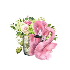 Romantische roze flamingo sublimatie PNG - paar flamingo's zoenen clipart-roze bloemen en groene bladeren - twee flamingo's PNG-digitale download