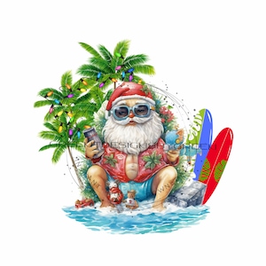 Whimsical Christmas Holiday Beach Sublimation PNG -Humorous Santa in Tropical Shirt-Sand, Surf Board & Palm Tree Clipart- Digital Download