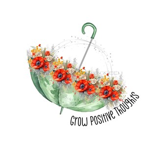 Conciencia de la salud mental PNG, Paraguas verde brillante y flor naranja Clipart, Salud mental PNG, Mentalmente saludable PNG "Cultiva pensamientos positivos"