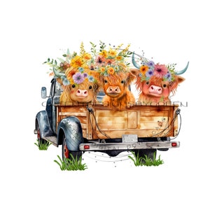 Highland Cows in Rustic Truck Sublimation PNG - Festive and Floral - Vibrant Colors - Digital Download