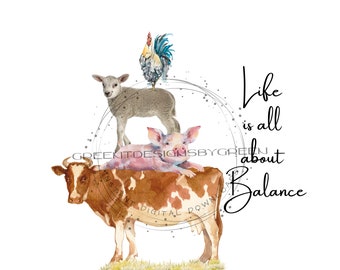 Skurrile Bauernhof Tier Clipart - Balance des Lebens - Kuh, Schwein, Schaf, Hahn - Sublimation PNG & druckbare JPG - Digital Download