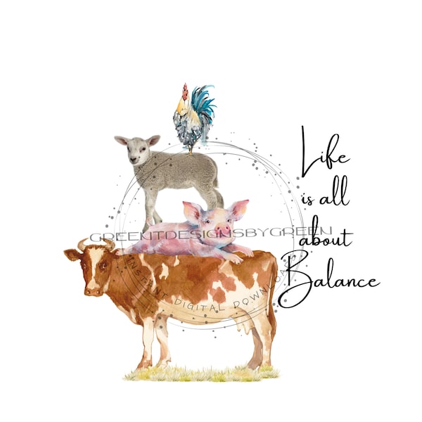 Whimsical Farm Animal Clipart - Balance of Life - Cow, Pig, Sheep, Rooster - Sublimation PNG & Printable JPG - Digital Download