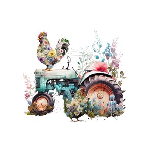 May include: A vintage blue tractor with a floral rooster perched on the hood. The tractor is surrounded by a variety of colorful flowers, including pink, blue, and yellow.