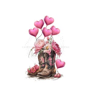 Valentine PNG Western Cowgirl Clipart, Rosa Ballon Cowboystiefel PNG, Blumen Herzen Design, Pink Valentine Sublimation, Liebe Hi-Res Bild