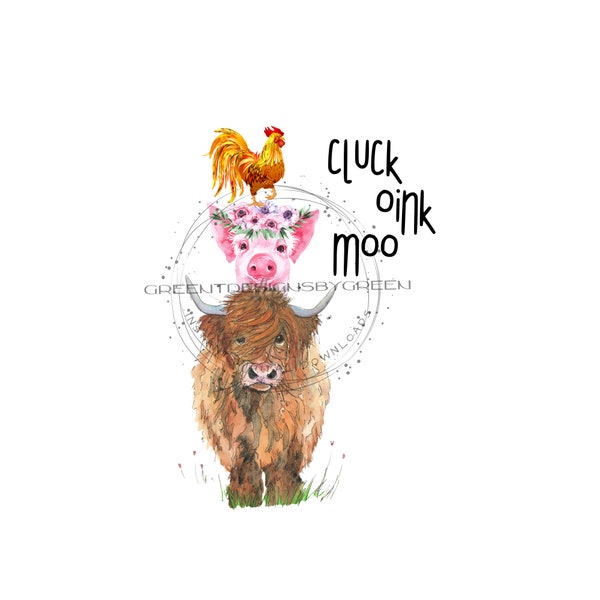 Pig, Chicken & cow PNG, farm animal PNG, "Cluck, Onik, Moo" Cow sublimation, Western clipart, chicken digital download. pig sublimation.