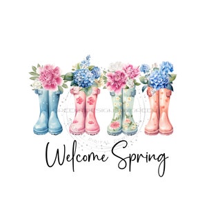 Frühlings- & Sommerregenstiefel PNG - Blaue Hortensie Sublimation - Rosa und blaue Blumen füllen wunderliche pastellfarbene Regenstiefel PNG