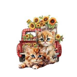 Whimsical Kitten Rustic Farm Clipart - Caminhão Vintage - Girassóis e Caminhão Vermelho Vintage - Dois Gatos Clipart - Sublimação PNG-Download Digital