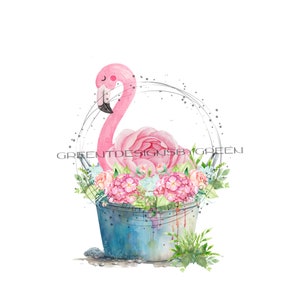 Flamingo digital downloadable PNG with pink flamingo in metal tub of wildflowers Pink Flamingo PNG, Zoo animal sublimation, flamingo Clipart