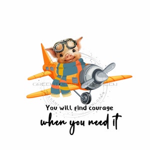 Schattig biggetje in zwevend retro vliegtuig PNG voor sublimatie - citeer 'Find Courage' - sjaal en pilotenbril als accenten - digitale download