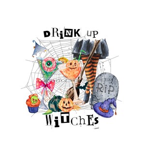Festive Halloween Party Clipart - 'Drink Up Witches' - Cocktails, Cupcake, Jack-o-Lantern, Pumpkin, Witch - PNG - Digital Download