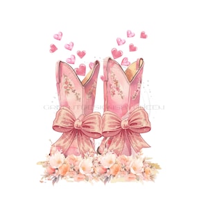 Valentinstag PNG Western Cowgirl PNG Clipart, Pink Schleife Cowboy-Stiefel PNG, Gold Glitter Herzen Design Pink Blumen Sublimation Hallo Res Bild