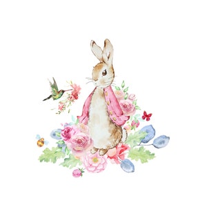 Peter Rabbit PNG, rosa Blume Clipart, Pink Bunny Sublimations-Download, Peter Rabbit Clipart, Kaninchen-Grafik, Frühlingsblumen Clipart