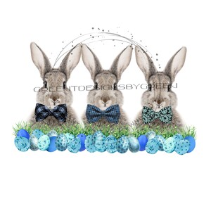 Trois lapins PNG avec noeuds papillon bleus et toboggan de Pâques, sublimation de lapin, lapin PNG, Pâques Clipart PNG, sublimation, toboggan aquatique