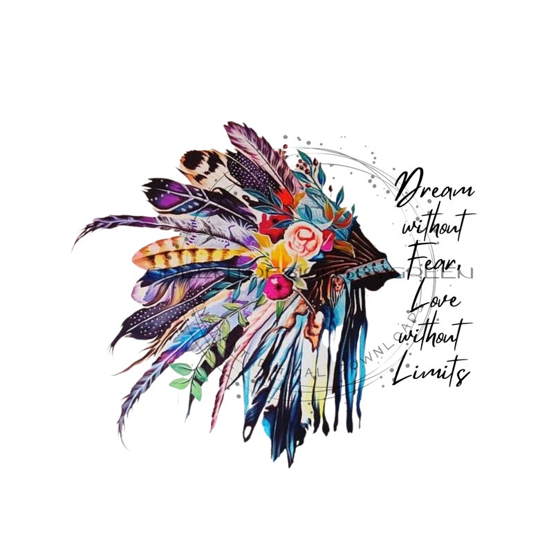 May include: A colorful illustration of a Native American headdress with feathers and flowers. The text "Dream without Fear, Love without Limits" is written on the right side of the image.