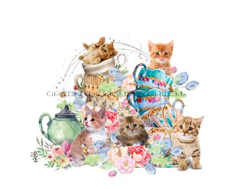 Adorable Kittens Tea Time Sublimation PNG - Cute Cat Clipart - Cat Lover Digital Download