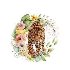 Luipaard en bloemen boeiende clipart - majestueus dier, prachtige bloemendisplay - sublimatie PNG - directe digitale download