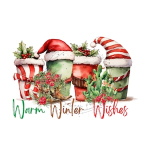 BoHo Southwestern Christmas Sublimation PNG, Kaktus, Cowboystiefel, Blumen, Holly, Heißgetränkbecher, 'Warm Winter Wishes', digitaler Download