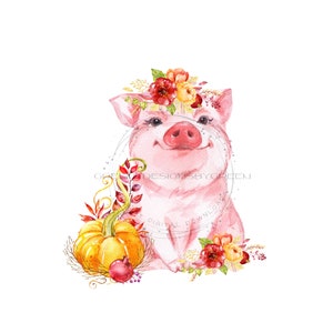 May include: A watercolor illustration of a pink pig wearing a flower crown with red, orange, and yellow flowers. The pig is sitting on a white background with a pumpkin and fall leaves.