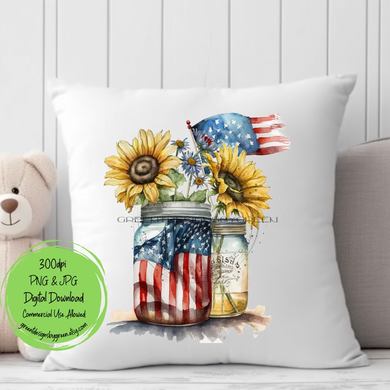 May include: A watercolor painting of mason jars filled with sunflowers and a small American flag. The jars are on a white background.