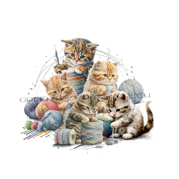 Kittens & Balls of Yarn Sublimation PNG - Cats and Knitting clipart - Cat Lover Digital Download