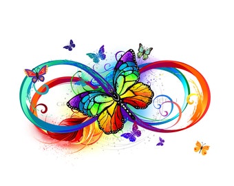 Peut inclure: Un papillon coloré aux ailes arc-en-ciel est centré dans un symbole d'infini composé de lignes tourbillonnantes et d'éclaboussures de couleur. Le fond est blanc.