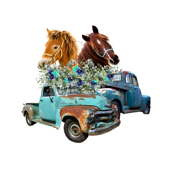 Whimsical Horse and Vintage Truck Clipart - Floral Display - Sublimation PNG & Printable JPG - Instant Download