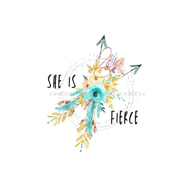 Symbolic 'She Is Fierce' Clipart - Crossed Arrows, Colorful Feathers, Blue Flower - Sublimation PNG & Printable JPG - Digital Download