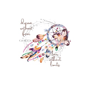 Dreamcatcher Sublimation PNG - Penas e flechas rústicas em cores suaves - Citação 'Sonhe sem medo, amor sem limites' - Download digital