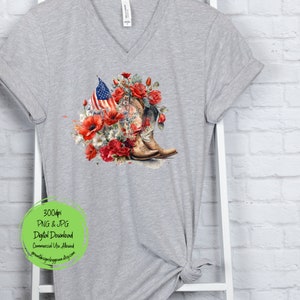 May include: A digital download of a watercolor illustration of a pair of brown cowboy boots with red roses, white flowers, and a small American flag. The image is 300 dpi and available in PNG and JPG formats. Commercial use is allowed.