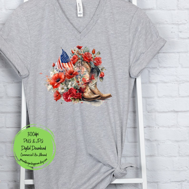 May include: A digital download of a watercolor illustration of a pair of brown cowboy boots with red roses, white flowers, and a small American flag. The image is 300 dpi and available in PNG and JPG formats. Commercial use is allowed.
