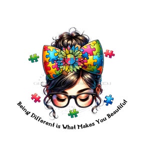 Klein meisje met grote strik gemaakt van puzzelstukjes PNG voor sublimatie"Being Different is What Makes You Beautiful" sublimatie digitale download