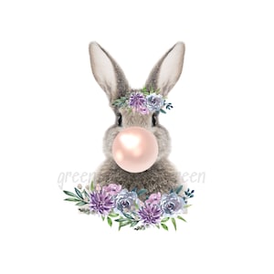 Kanin som blåser tuggummi – lila blommig PNG, tumbler och t-shirtdesign (digital nedladdning)