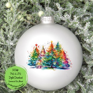May include: A white Christmas ornament with a watercolor painting of colorful Christmas trees with stars and lights. The trees are green, blue, red, yellow, and orange.