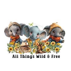 Drie olifantenvrienden gekleed in wintermutsen en sjaals geaccentueerd met zonnebloemen, wilde olifant-sublimatie 'All Things Wild & Free'