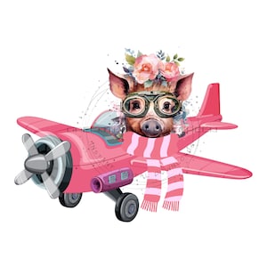レトロな飛行機に乗って舞い上がる愛らしい子豚のPNG画像（昇華転写用）- 流れるようなピンクのスカーフ、パイロットゴーグル、花がイメージを彩る - デジタルダウンロード