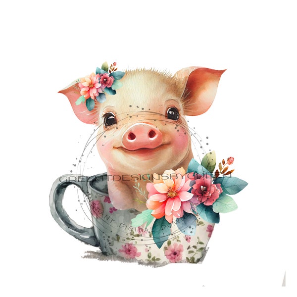 Pink Pig PNG download, piglet clipart sublimation, vintage teacup sublimation, pig clipart, farm sublimation, Pig PNG.