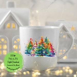 May include: A white ceramic mug with a colorful watercolor design of Christmas trees with ornaments and lights. The mug has a handle and is perfect for hot beverages.